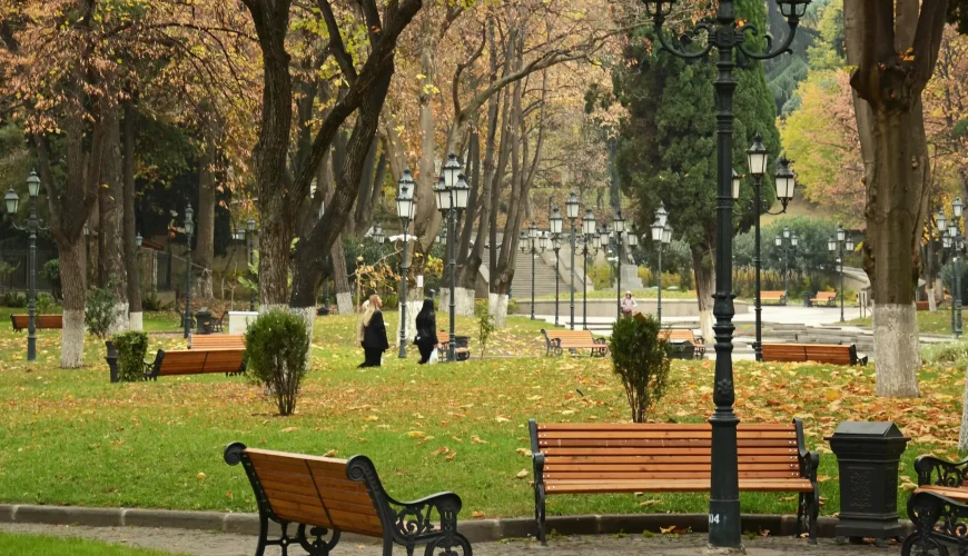 Autumn scene in April 9 Park, Tbilisi, with fallen yellow leaves, park benches, vintage lampposts, and people walking in the distance.