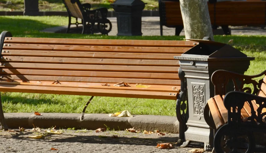 Close-up of a wooden park bench and ornate waste bin in April 9 Park, Tbilisi, with fallen leaves and blurred figures in the background.