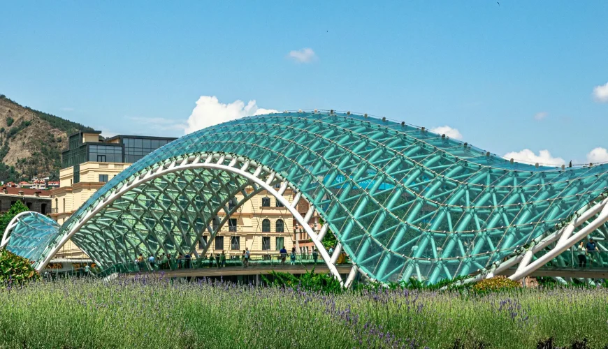 View of the Bridge of Peace in Tbilisi, Georgia, from Rike Park, with blooming flowers in the foreground and a clear sky.