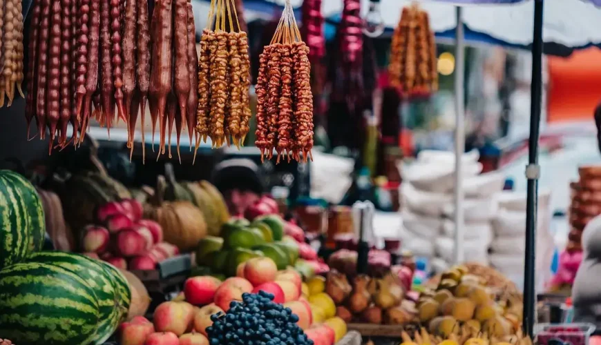 A close-up of a market stall at Dezerteer Bazaar, with strings of churchkhela hanging above fresh fruit and vegetables