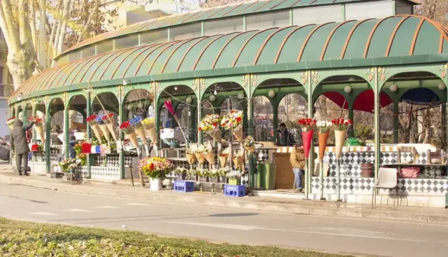 A wide view of the Orbeliani Flower Market in Tbilisi, with vendors selling flowers under a long, green-domed structure on a sunny day
